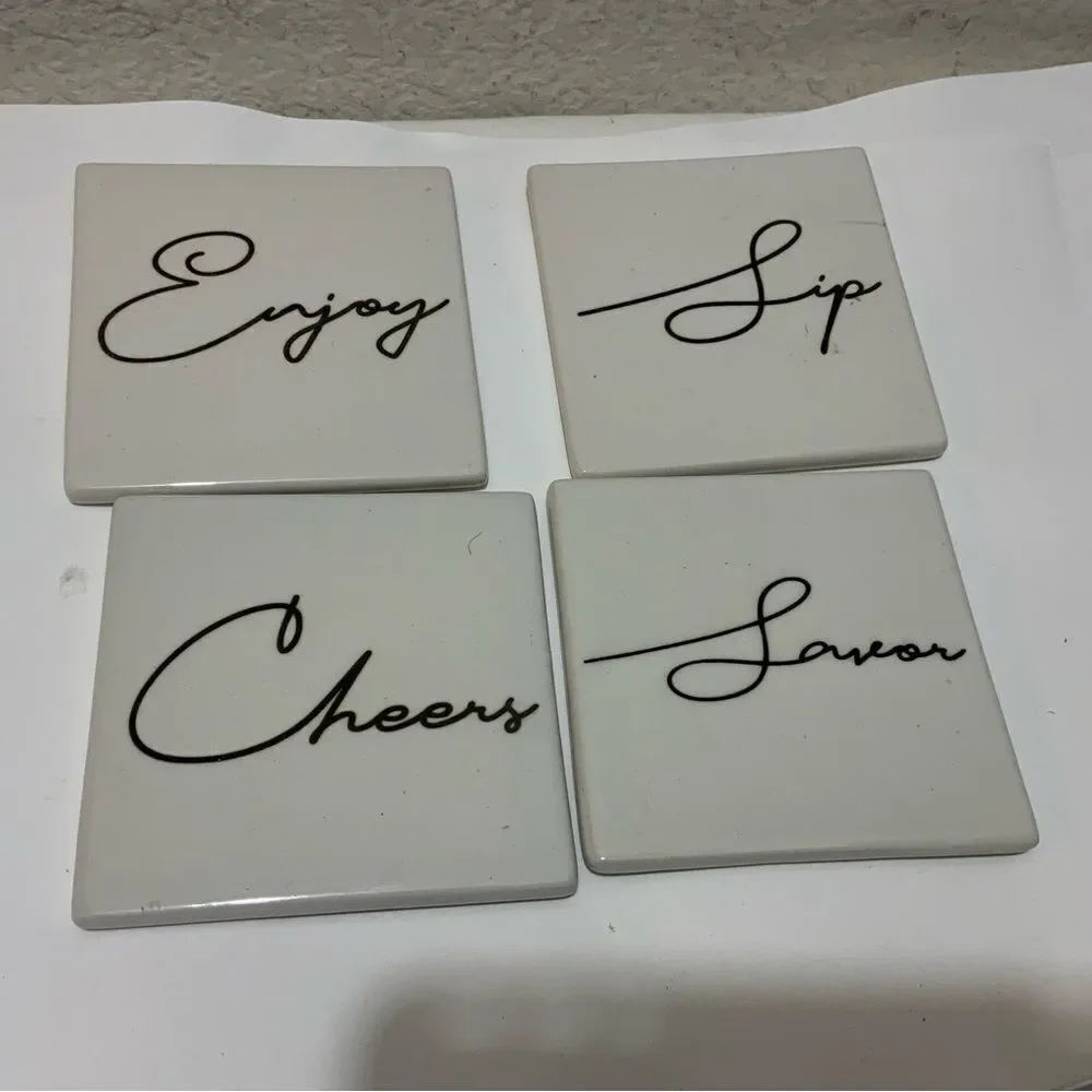 CERAMIC DRINK COASTER SET OF 4 CHEERS SIP SAVOR ENJOY SQUARE 4”x4” A4